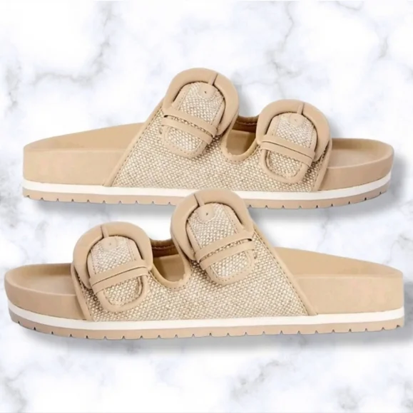 #466 New Women's Footbed Slides Sandals Flats Khaki Cream White Size 11 Shoes - Picture 3 of 6